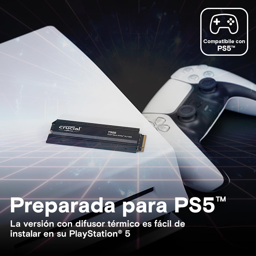 Crucial T500 SSD 1TB PCIe Gen4 NVMe M.2 PS5 SSD Interno Gaming con Disipador, hasta 7300 MB/s, Compatible Playstation 5, TLC NAND, Ordenador Portátil y de Sobremesa, Disco Duro SSD - CT1000T500SSD5