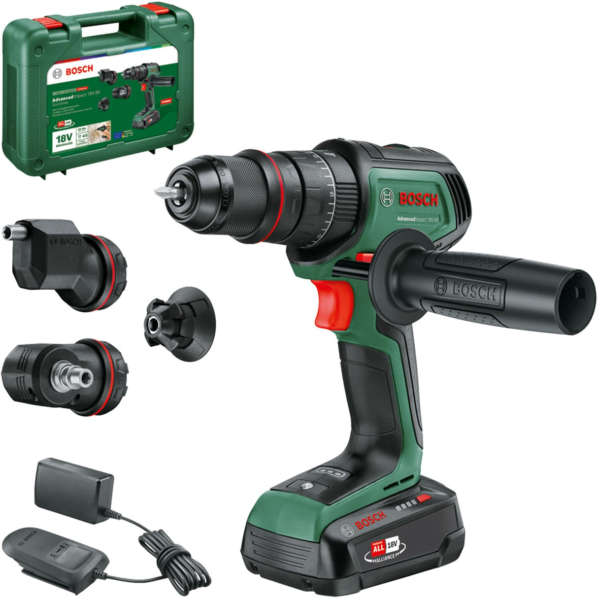 Bosch Taladro de percusión con batería AdvancedImpact 18V-80 QuickSnap (18V; Brushless; 82 Nm; accesorio angular, excéntr. y magn.; con batería y cargador) - Amazon Exclusive