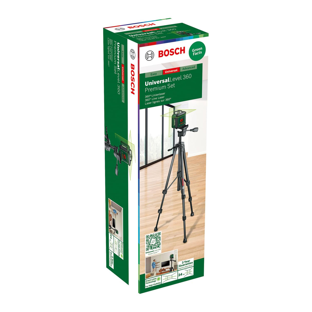 Bosch Home and Garden nivel láser de líneas cruzadas UniversalLevel 360 con trípode prémium + pinza universal MM 3(líneas en vertical horizontal,incl. 360° para alineación por toda estancia)