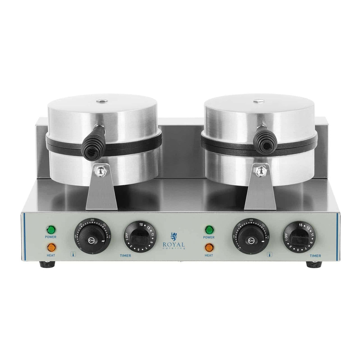 Royal Catering RCWM-2600-R gofrera doble redonda (2 x 1300 W, temporizador 15 min, teflón y aluminio, acero inoxidable)