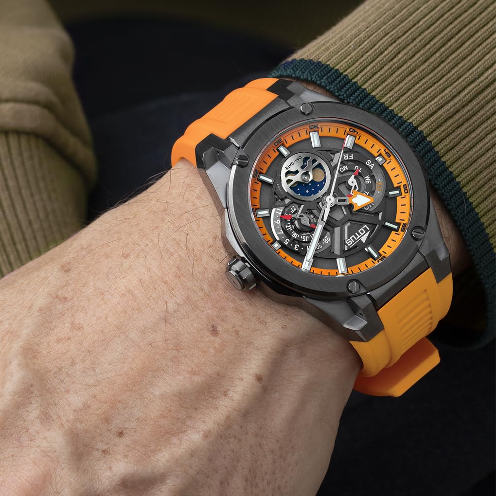Lotus Reloj Hombre 18946/3 Vortex con Fase Lunar Caja de Acero Inoxidable 316l Negro Correa de Caucho Naranja