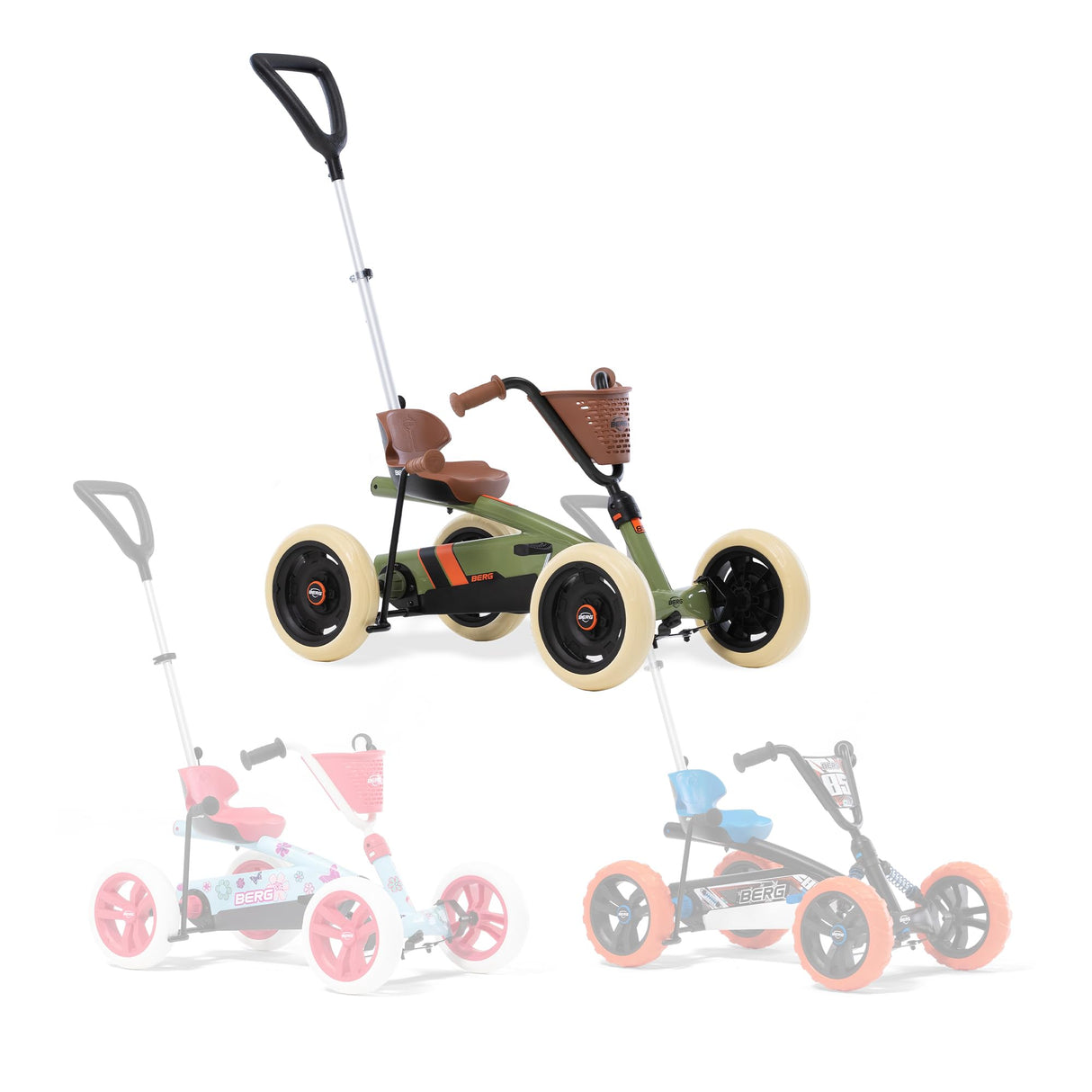 BERG Pedal Gokart Buzzy Retro 2-in-1 Verde Incl. Barra de Empuje | Coche de Pedales, Seguro y Estabilidad, Juguete para niños Adecuado para niños de 2 a 5 años