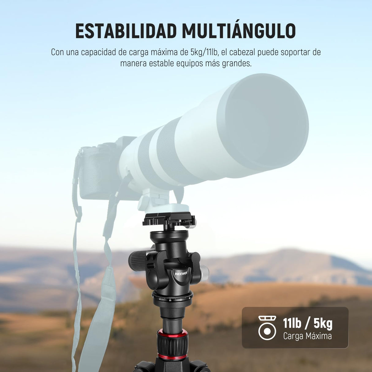 NEEWER Cámara Vídeo Trípode Cabezal Inclinable con Base Niveladora +/-15°, Cabezal de Trípode Fotografía con Mango Retráctil,1/4" Placa QR Tipo Arca para Videocámara DSLR, Carga Máx 11lb/5kg, TH03