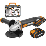 WORX | Amoladora 125mm 20V | PowerShare | WX803 | Incluye 2 baterías 2Ah y 4Ah | Bloqueo del husillo | interruptor lateral | Sistema de ajuste rápido sin herramientas | Mango auxiliar