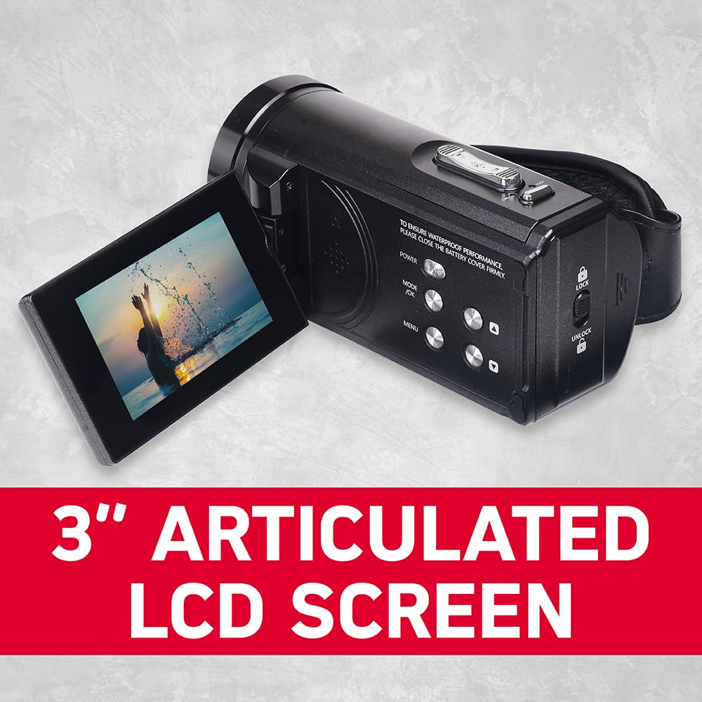 Agfa Photo Realimove CC4000W - Videocámara 4K Resistente al Agua con Pantalla táctil de 3", Zoom Digital de 18x, vídeo 2,7K, Foto 24 MP, LED, batería de Litio - Negro