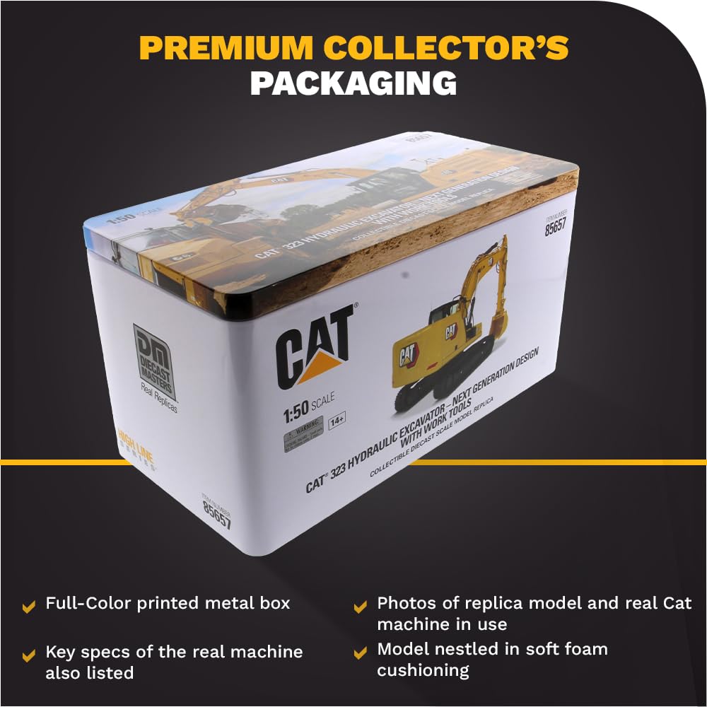 Caterpillar Diecast Masters 85657 - Excavadora 4 Herramientas 323 Hex, Escala 1:50, Aprox. 9,5 x 3,4 x 4,6 cm, a Partir de 14 años