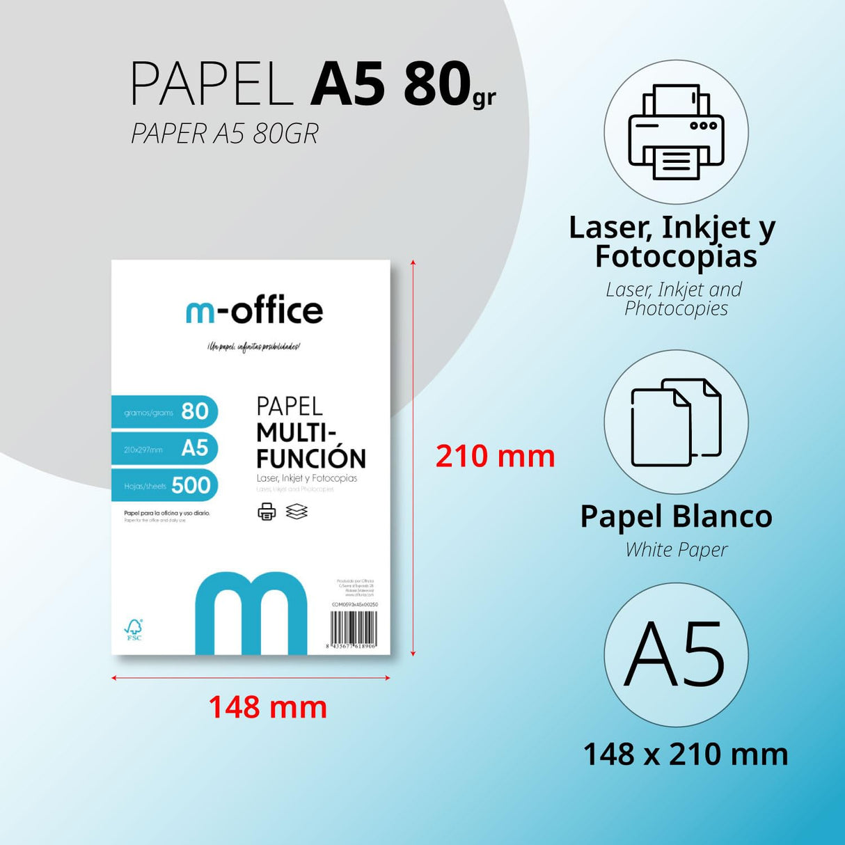 Paquete Folios A5 80gr, 10 Paquetes de 500 hojas, Papel Multifunción para Impresora Inkjet y Láser, Hojas A5 148 x 210 mm Ideales para la Oficina como para el Hogar · m-office (5000 hojas)
