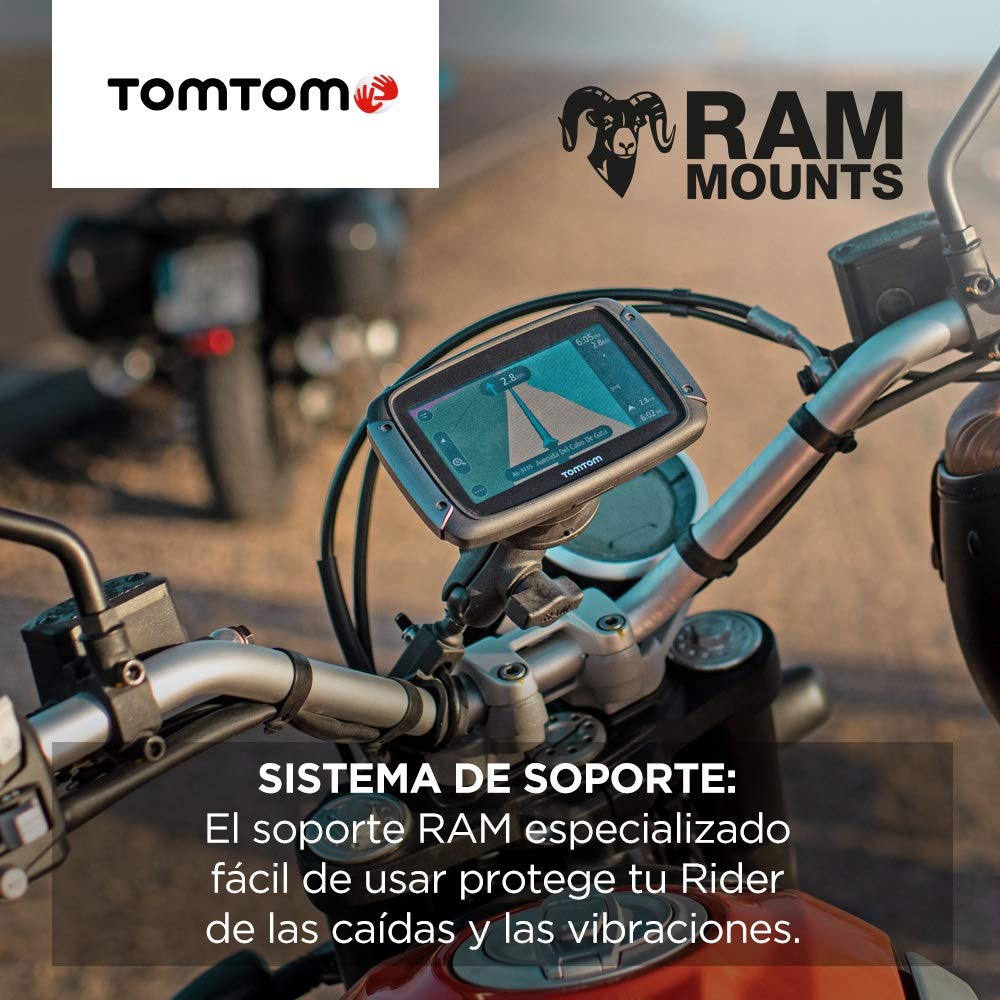 TomTom GPS para motocicletas Rider 50 (4,3 pulgadas con carreteras montañosas, actualizaciones mediante Wi-Fi, info tráfico en tiempo real, Radares de tráfico para 3 meses, 24 mapas)