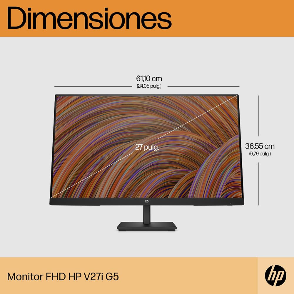 HP V27i G5 Monitor de 27" FHD 16:9, Antirreflejo, Panel IPS 75Hz, Tiempo de Respuesta 5 ms, Inclinable, VESA 10x10 cm, AMD FreeSync, 250 Nits, Low Blue Light, Negro