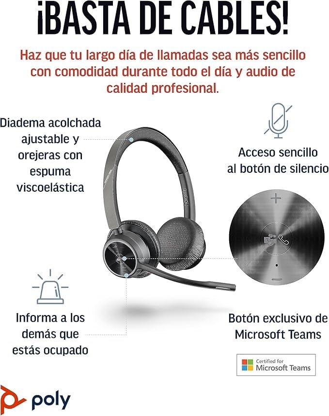 Auriculares inalámbricos Poly Voyager 4320 UC - Audífonos estéreo con micrófono de brazo con cancelación de ruido - Conexión Bluetooth a PC/teléfono móvil - Funciona: Teams (certificado), Zoom y más