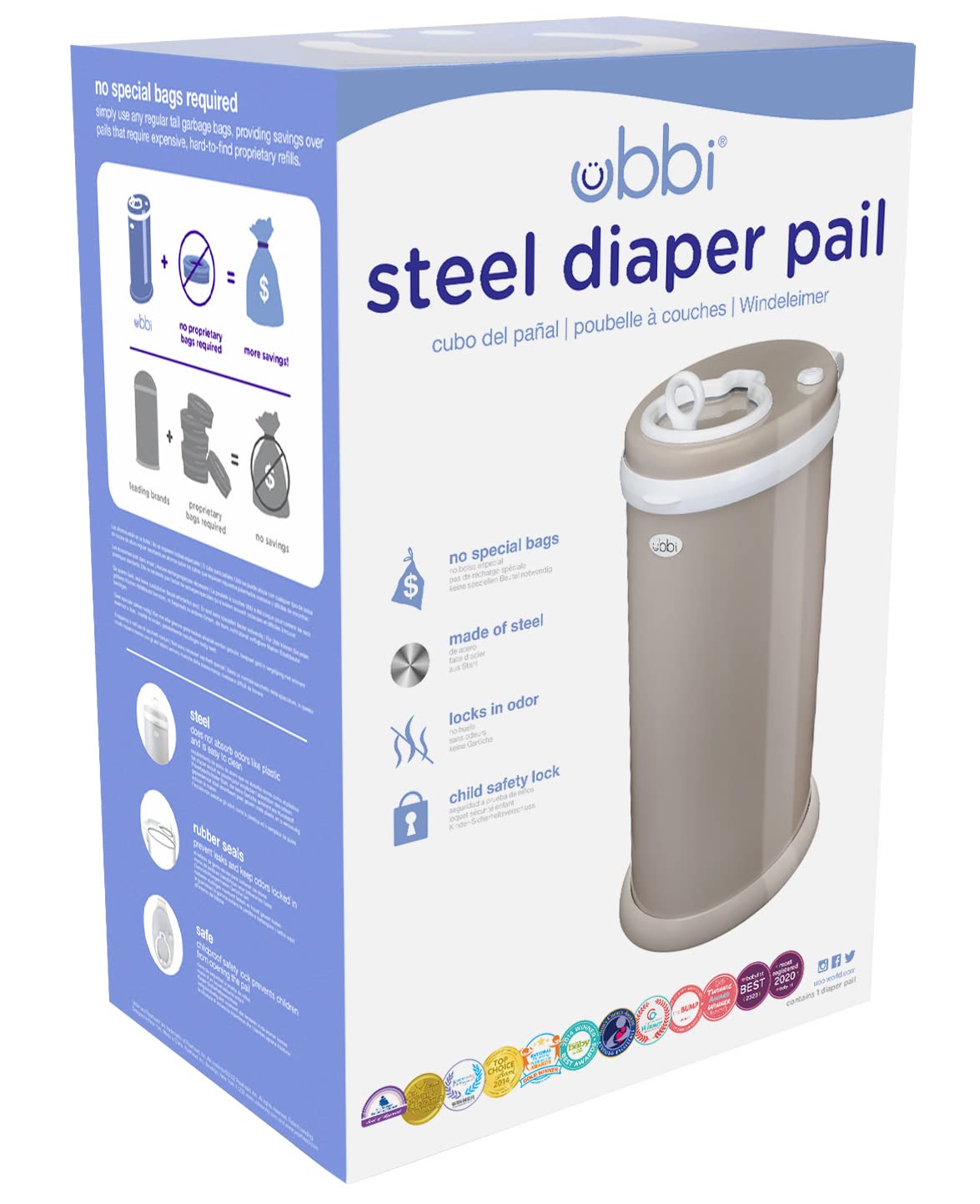Ubbi Cubo de pañales de acero con bloqueo de olor, no requiere bolsa especial, ahorro de dinero, galardonado, cubo de pañales imprescindible de diseño moderno, color gris pardo