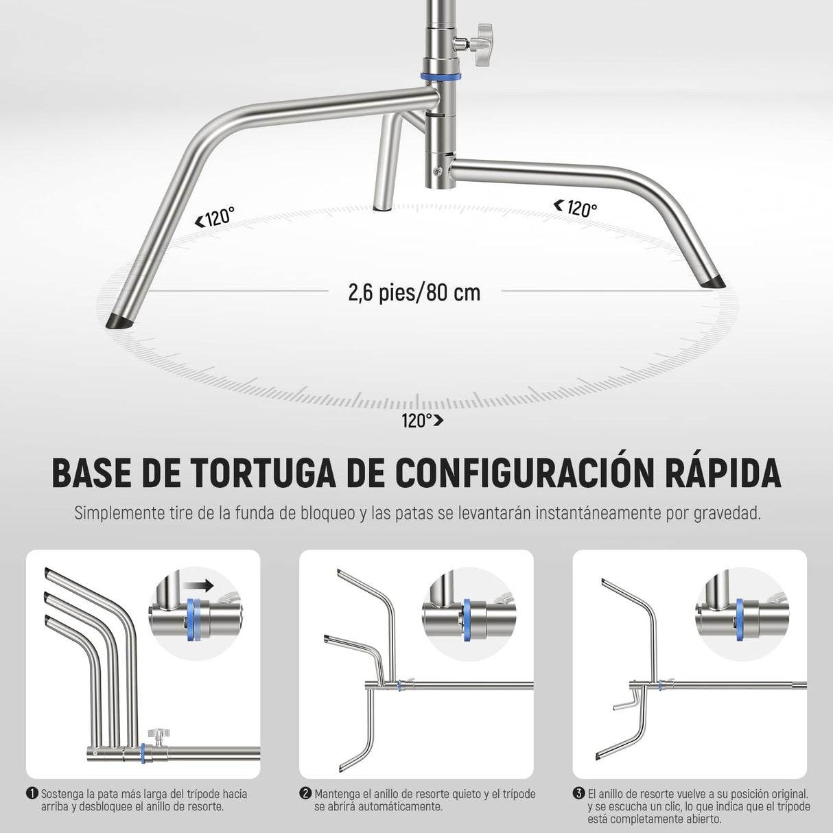 NEEWER Soporte C de Acero Inoxidable de 3,2m con Brazo de Pértigaa, Varilla Central más Gruesa, Carga Máxima 20kg, Fotografía Luz Soporte con Brazo de 1,27m para Monolight Softbox, SC320Q