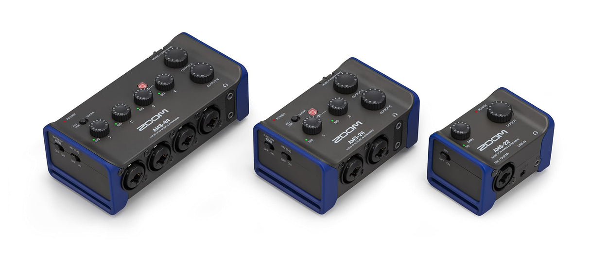 Zoom AMS-22 Interface de audio, 1 entrada XLR/TRS, entrada de línea estéreo, 2 salidas, loopback, monitorización directa, bus-powered, para grabaciones y streaming en PC, Mac, iOS y Android