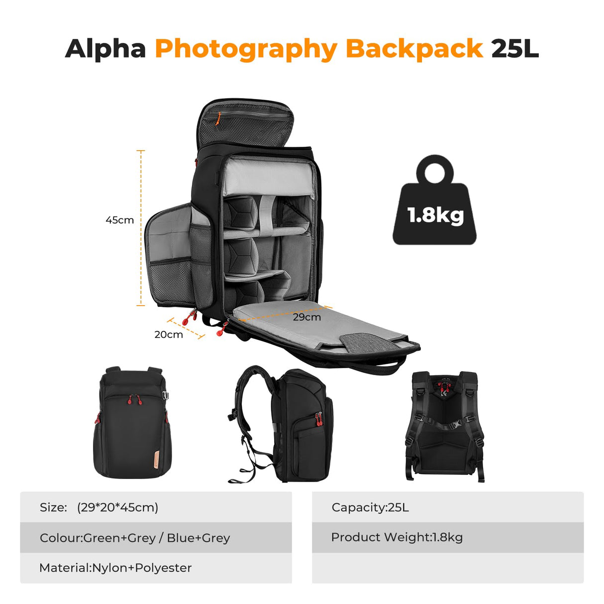 K&F Concept Mochila Cámara Profesional, Bolsa Fotógrafos Cámara Impermeable de Gran Capacidad para Camera Reflex Digital DSLR, Adecuado para viajes al aire libre senderismo fotografía Negro intenso