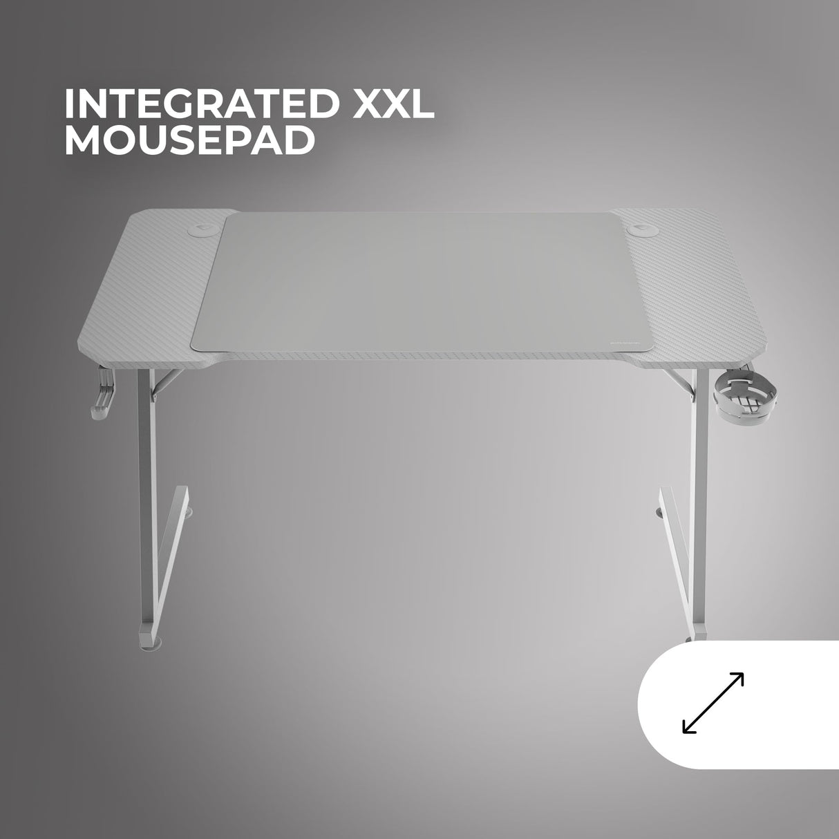 Mars Gaming MGD-X120, Mesa Gaming Ergonómica, Superficie en Fibra de Carbono, Estructura Metálica, Alfombrilla XXL, Soporte Auriculares y Bebida, Gestión Cableado, Escritorio PC 120x60cm, Blanco
