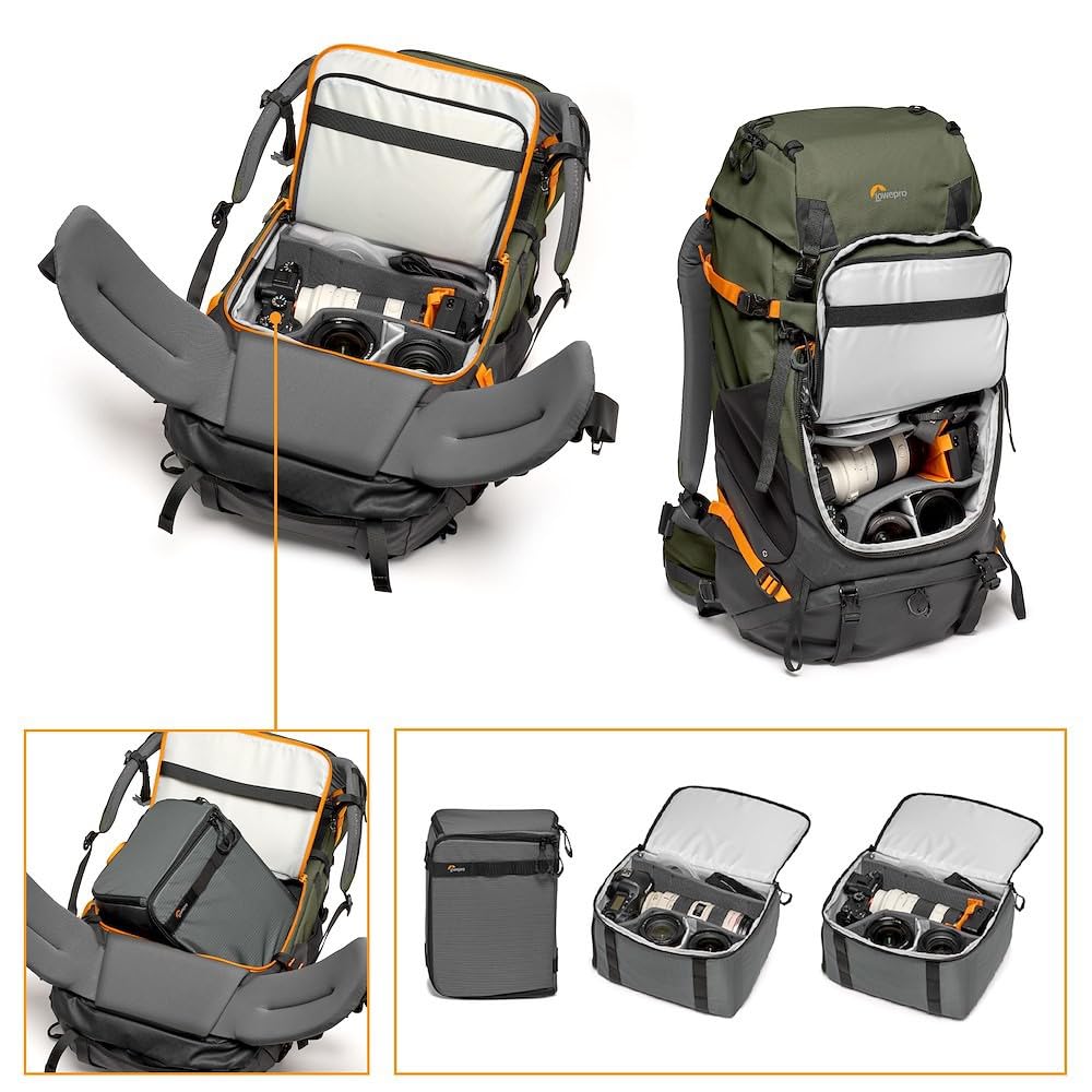 Lowepro PhotoSport PRO BP 70L AW IV - Mochila para cámaras réflex sin espejo, acceso delantero/trasero, compartimento extraíble para cámara, correas de accesorios, talla M/L, gris oscuro/verde