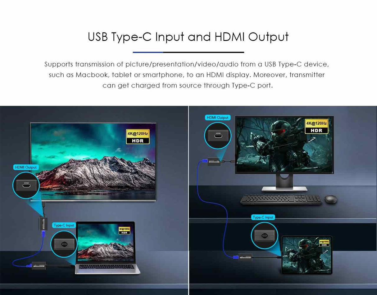PremiumCord Extensor 4K USB-C a HDMI vía Cat5E/6/6A, UHD 4K 2160p 120Hz, Full HD 1080p, HDMI 2.0, HDCP 1.4/2.2, HDR10, Sin Retardo