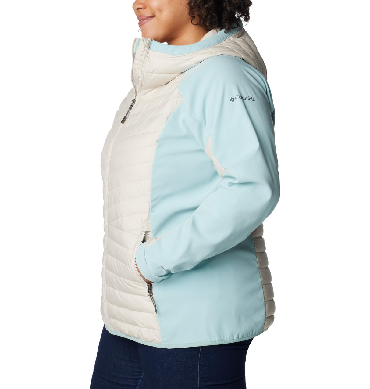 Columbia Powder Lite-Chaqueta híbrida con Capucha Acolchada, Mujer, Piedra Oscura, Aqua Haze, M