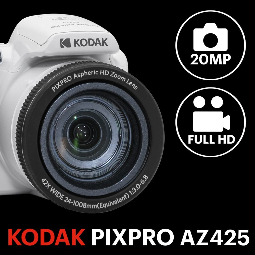 KODAK Pixpro Astro Zoom AZ425 - Cámara Digital Bridge, Zoom Optico 42X, Gran Angular de 24 mm, 20 Megapíxeles, LCD 3", Video Full HD 1080p, Batería Li-ion - Blanco