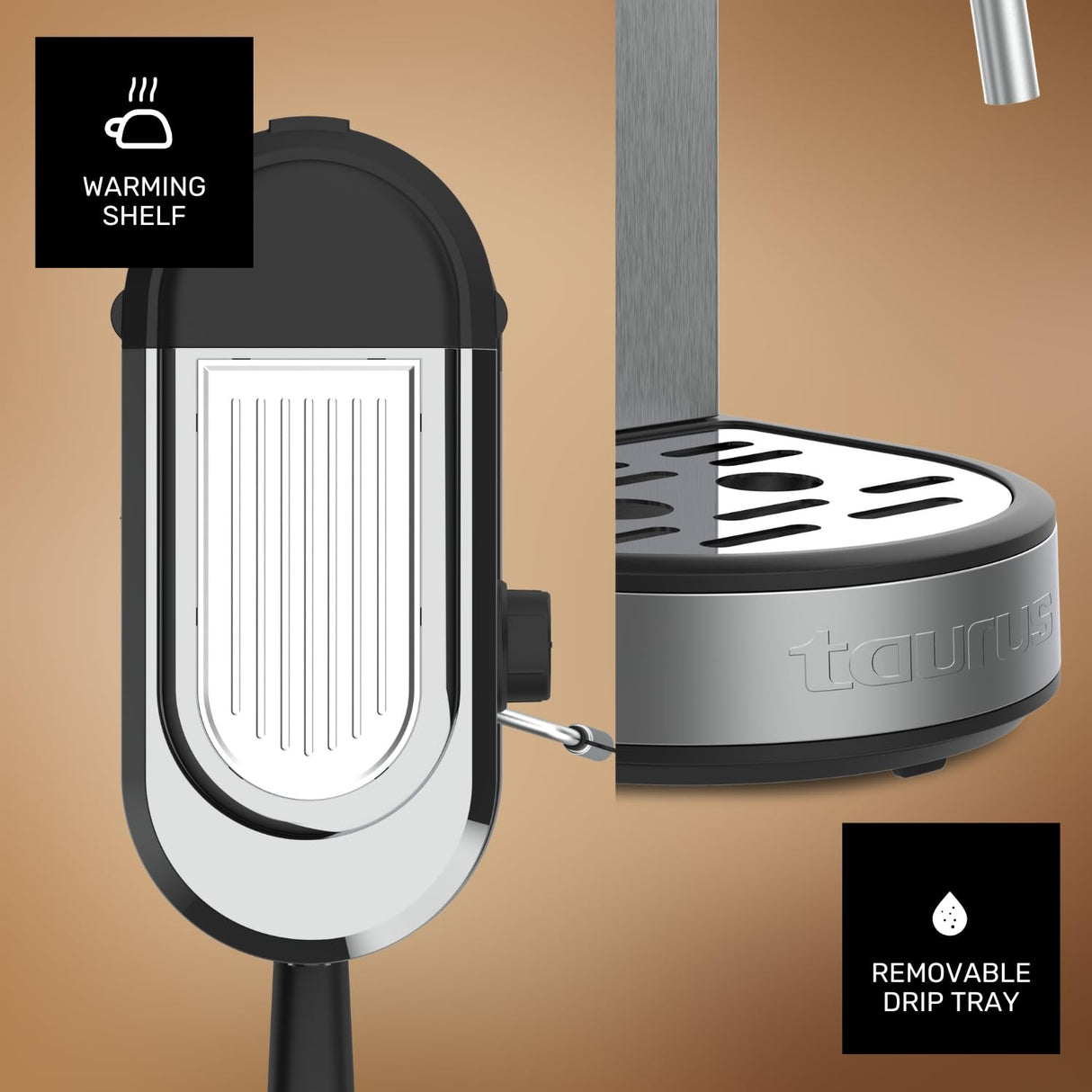 Taurus - Cafetera Espresso Euforia Compact 1350W | 20 Bares Presión | Sistema Thermoblock | Filtro Supreme Cream | Vaporizador Orientable | Doble Café Simultáneo | Cuchara Dosificadora