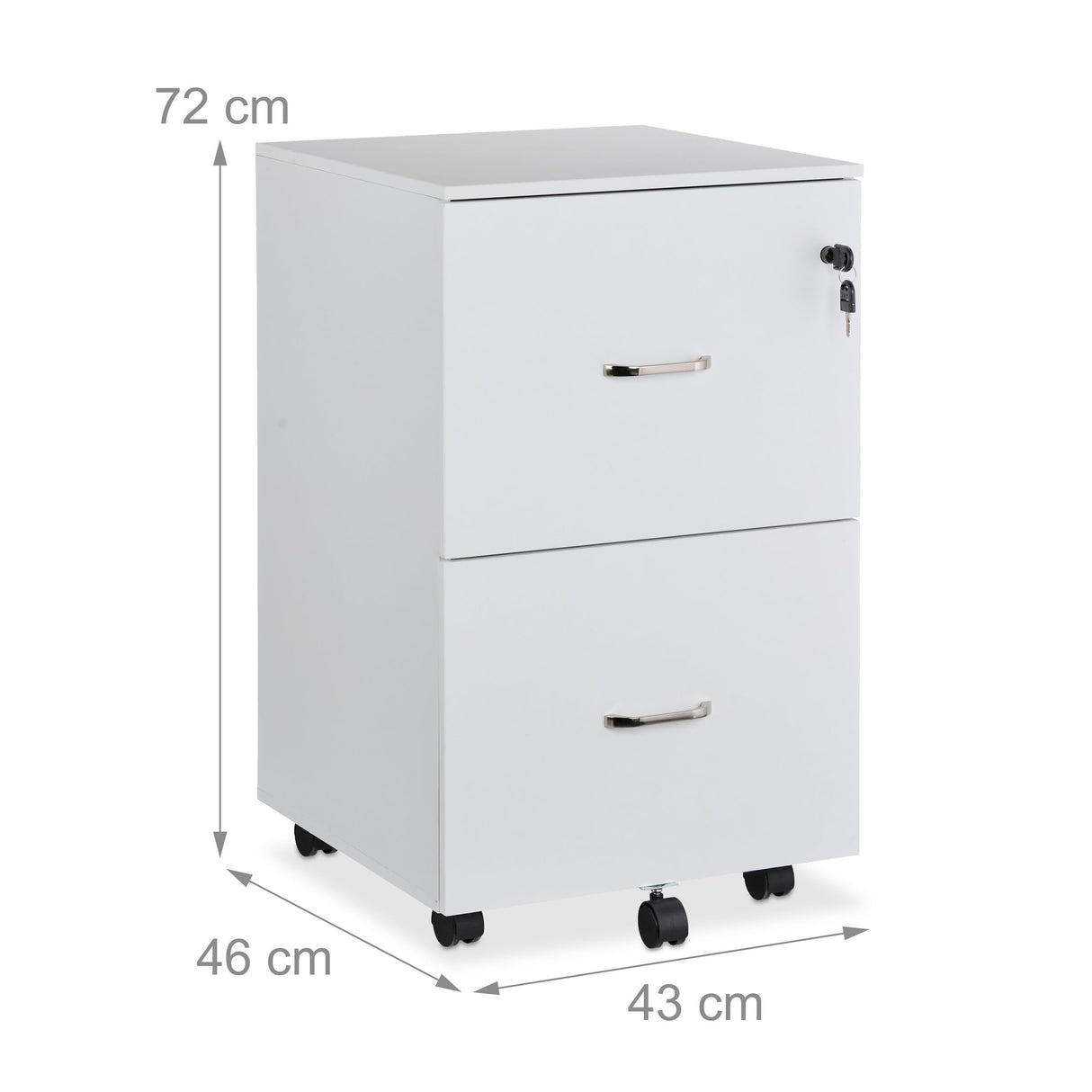 Relaxdays Mueble Archivador, 2 Cajones para Ficheros, 72 x 43 x 46 cm, Cajonera Oficina, Cierre con Llave, Blanco