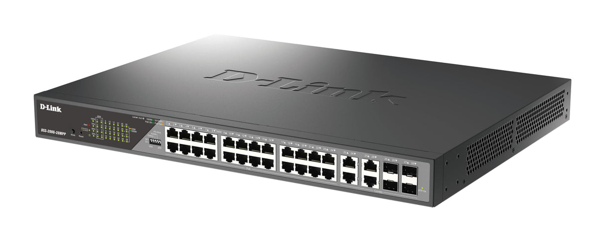 D-Link Switch Smart 28 Puertos Gigabit PoE (24 x 1000Base-T y 2 x SFP Gigabit), PoE++, Long Range PoE (hasta 250m), 518W PoE Budget, Interfaz Web dedicada a videovigilancia IP, VLAN, QoS, ERPS, ONVIF