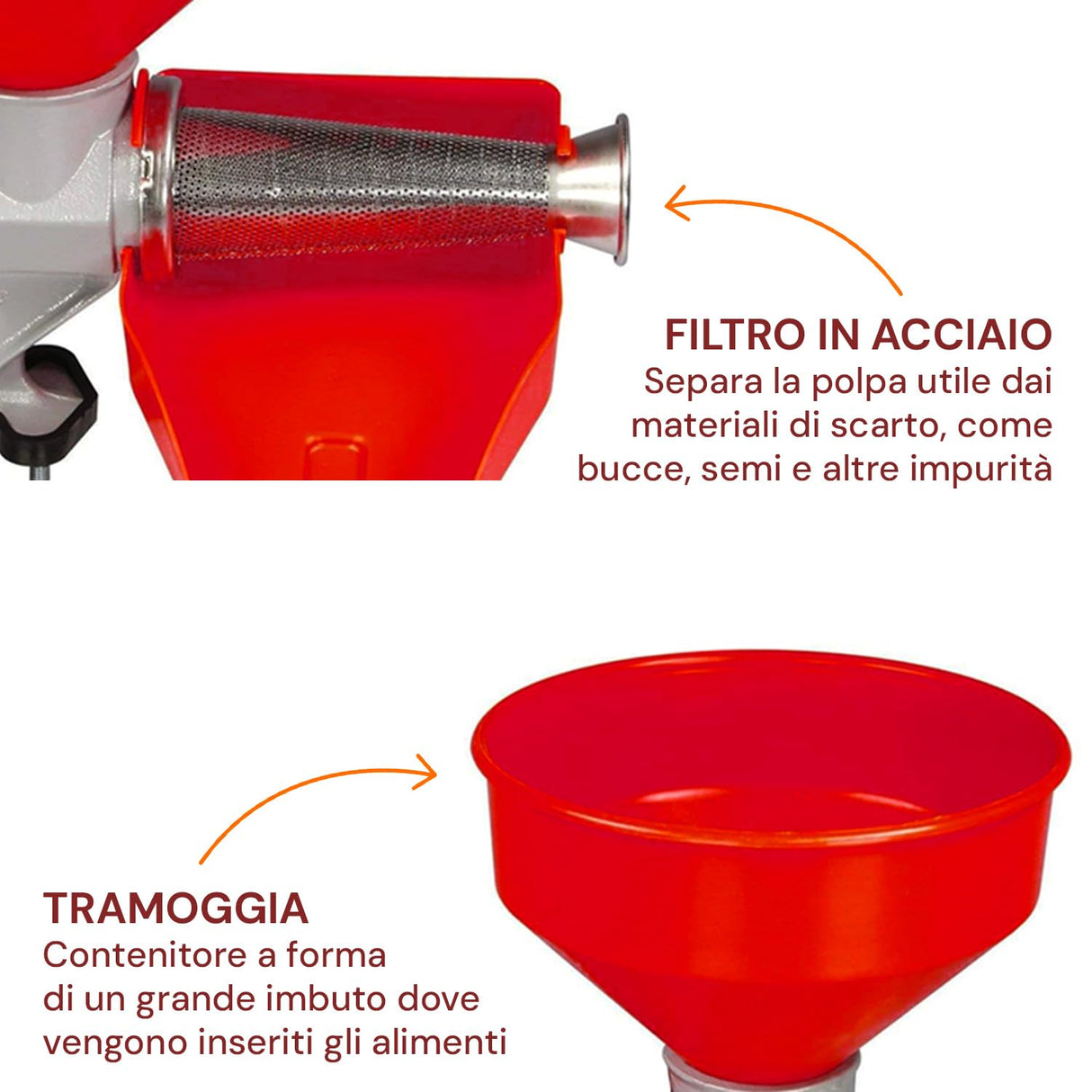 Wintem Exprimidor manual rojo 45 × 28,5 × 37 cm – Hecho de hierro fundido y acero inoxidable es resistente y duradero – Hélice eje tomate de resina acetálica resiste más de 220 °C – Fijación con