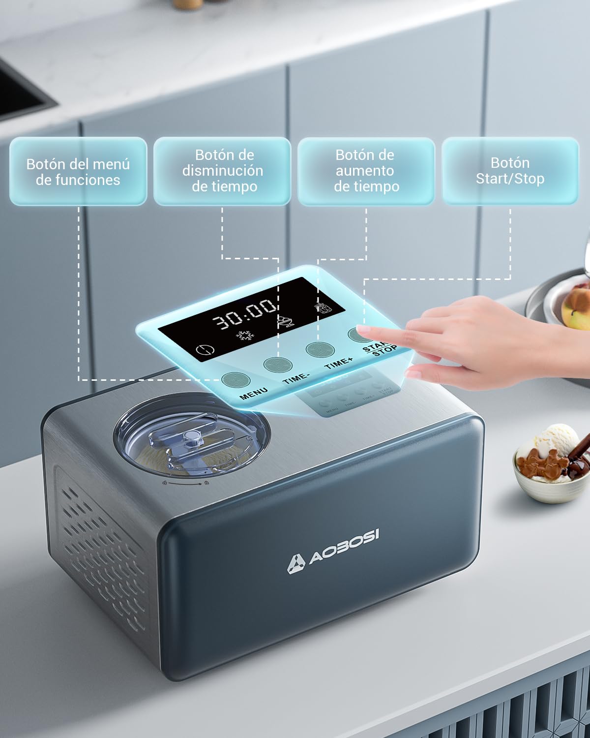 Máquina Para Hacer Helados Aobosi, Heladera con bol de congelación, Máquina de helados con Compresor, Fácil de Operar, Haz Deliciosos helado - 2L Acero Inoxidable