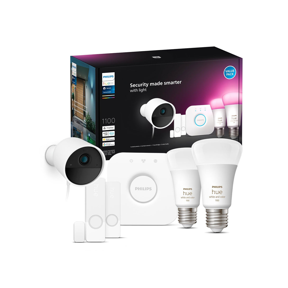 Philips Hue Secure - Cámara de Video Vigilancia con Cable (Blanca) + 2 Sensores de Contacto (Blancos) + 2 Bombillas Color + Bridge, fácil instalación, Audio bidireccional, Funciona con App