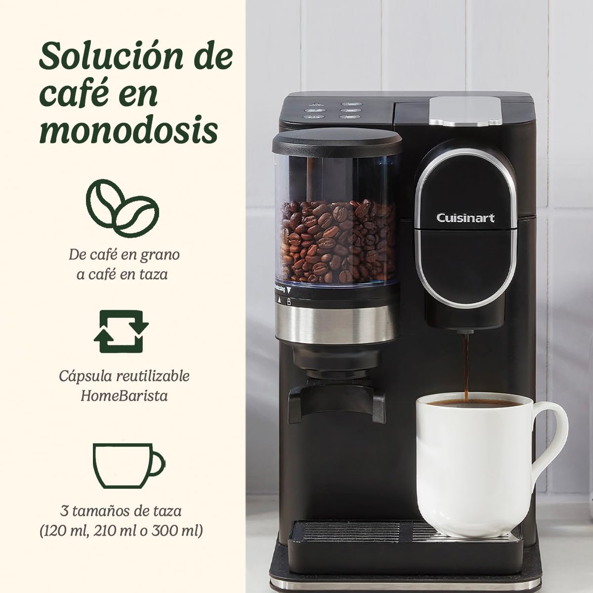 Cuisinart Cafetera One Cup Grind And Brew | Café en grano en taza, monodosis | Molinillo cónico | Ajuste la intensidad del café, 3 tamaños de taza a elegir | Cápsula de filtro reutilizable | Negra