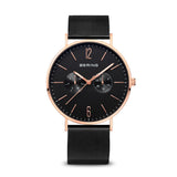 BERING 14240-163 Reloj de cuarzo para hombre con caja de acero inoxidable de 40 mm con acabado en oro rosa y esfera negra, correa milanesa, cristal de zafiro y resistencia al agua de 3 ATM