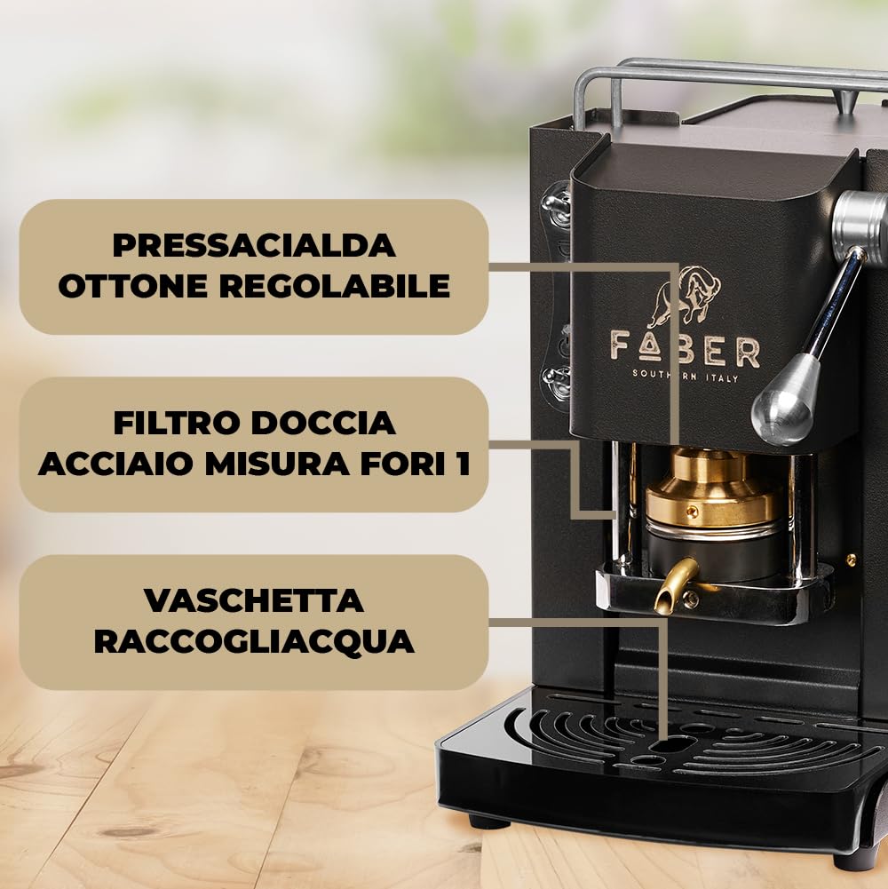 FABER COFFEE MACHINES | Modelo Pro Mini Deluxe | Cafetera con cápsulas ese 44 mm | Color Mat Black Chrome acabados | Pressacialda en latón