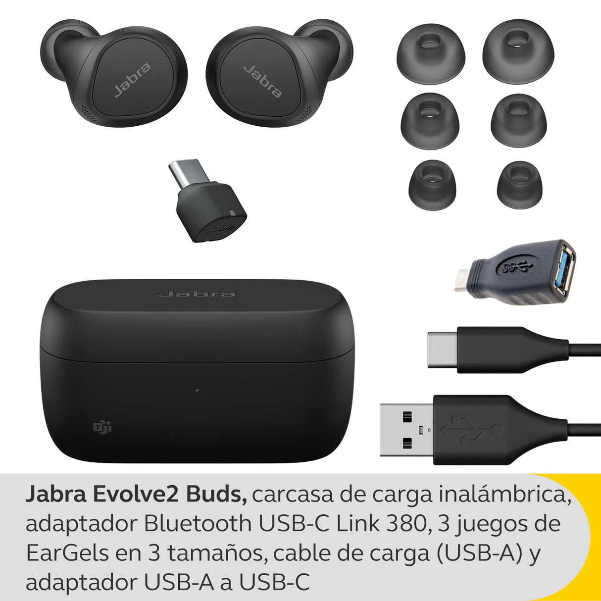 Jabra Evolve2 Buds, Auriculares Bluetooth Intraaurales Inalámbricos, Cancelación Activa de Ruido y Tecnología MultiSensor con 4 Micrófonos, Certificados para MS Teams, Negro