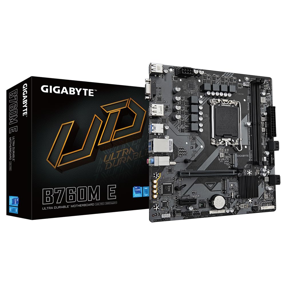 GIGABYTE B760M E Placa Base - Compatible con procesadores Intel Core 14ª generación, VRM de 6+1+1 Fases, hasta 7200 MHz DDR5 (OC), 2xPCIe 4.0 M.2, LAN 1 GbE, USB 3.2 Gen 1
