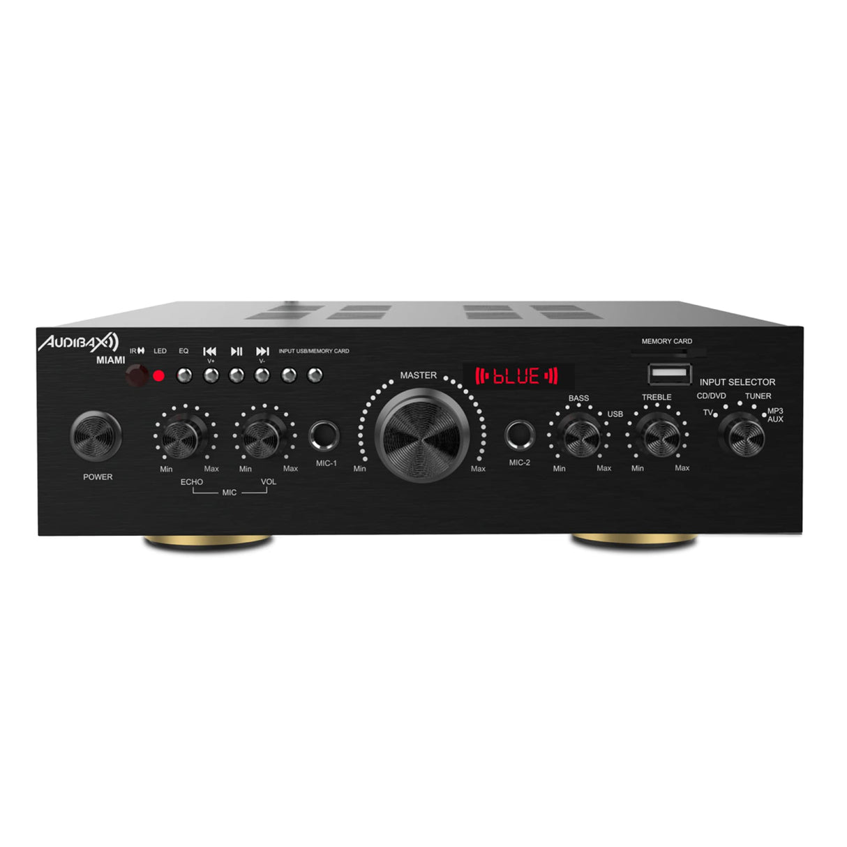 Audibax Miami - Amplificador de Audio HiFi - Conexión Bluetooth - Potencia de 100W + 100W - Entradas para Micrófonos, SD y USB - Amplificador HiFi Estéreo con Reproductor MP3 y Radio FM