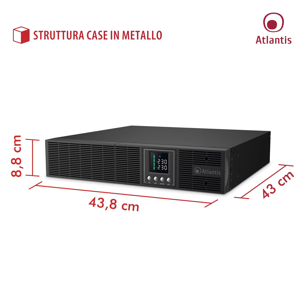 Atlantis A03-OP2002-RC UPS Online - Sistema de alimentación ininterrumpida con Doble conversión Onda sinusoidal Pura 2000 VA 1350 W, Servidor Convertible, Pantalla LCD, USB, Serie RS-232, 8 Salidas