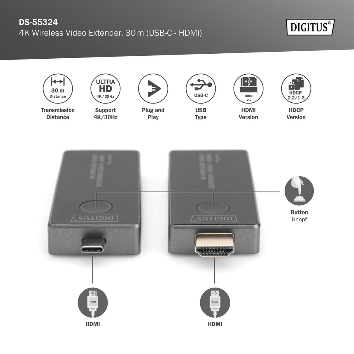 DIGITUS Juego de Extensores de Vídeo Inalámbricos - 30 m de Alcance - Ultra-HD 4k/30Hz - Transmisor con Conector USB-C y Receptor con Conector HDMI - Punto a Punto - Plug&Play - Negro-Plata