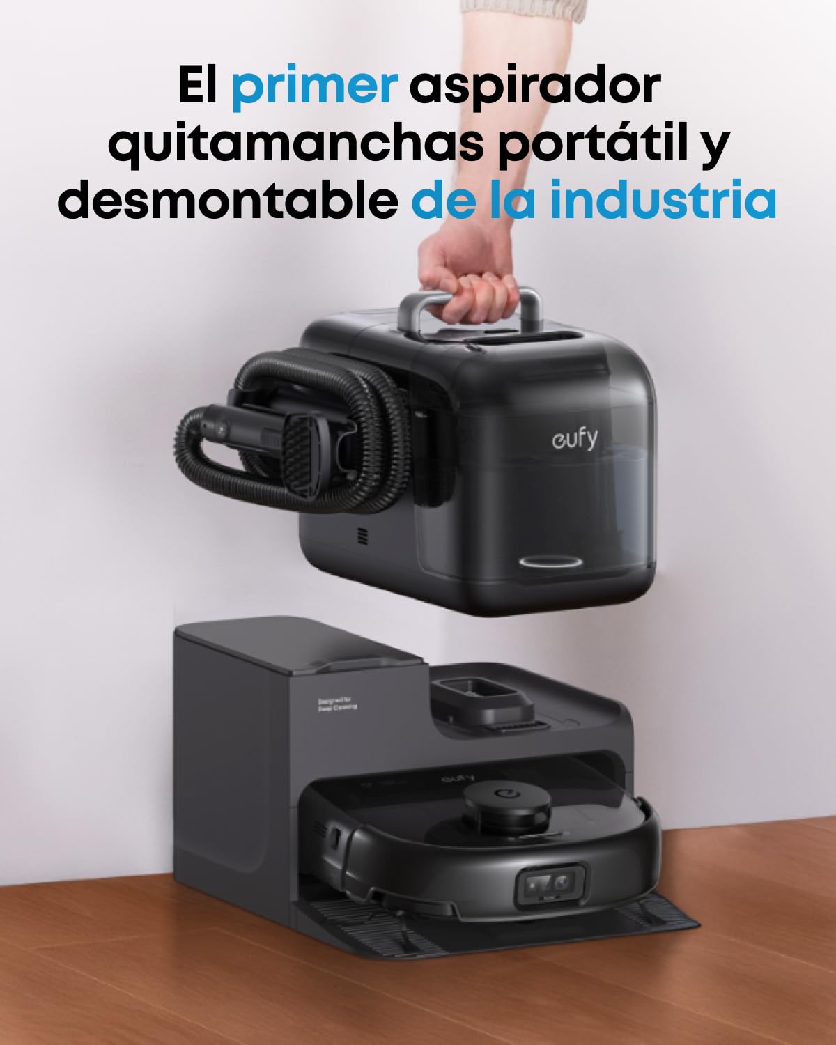 eufy Robot Aspirador Omni E28, Aspirador quitamanchas portátil, Sistema HydroJet, succión Turbo de 20.000 Pa, cepillos desenredantes DuoSpiral, Brazo CornerRover, estación Todo en uno.