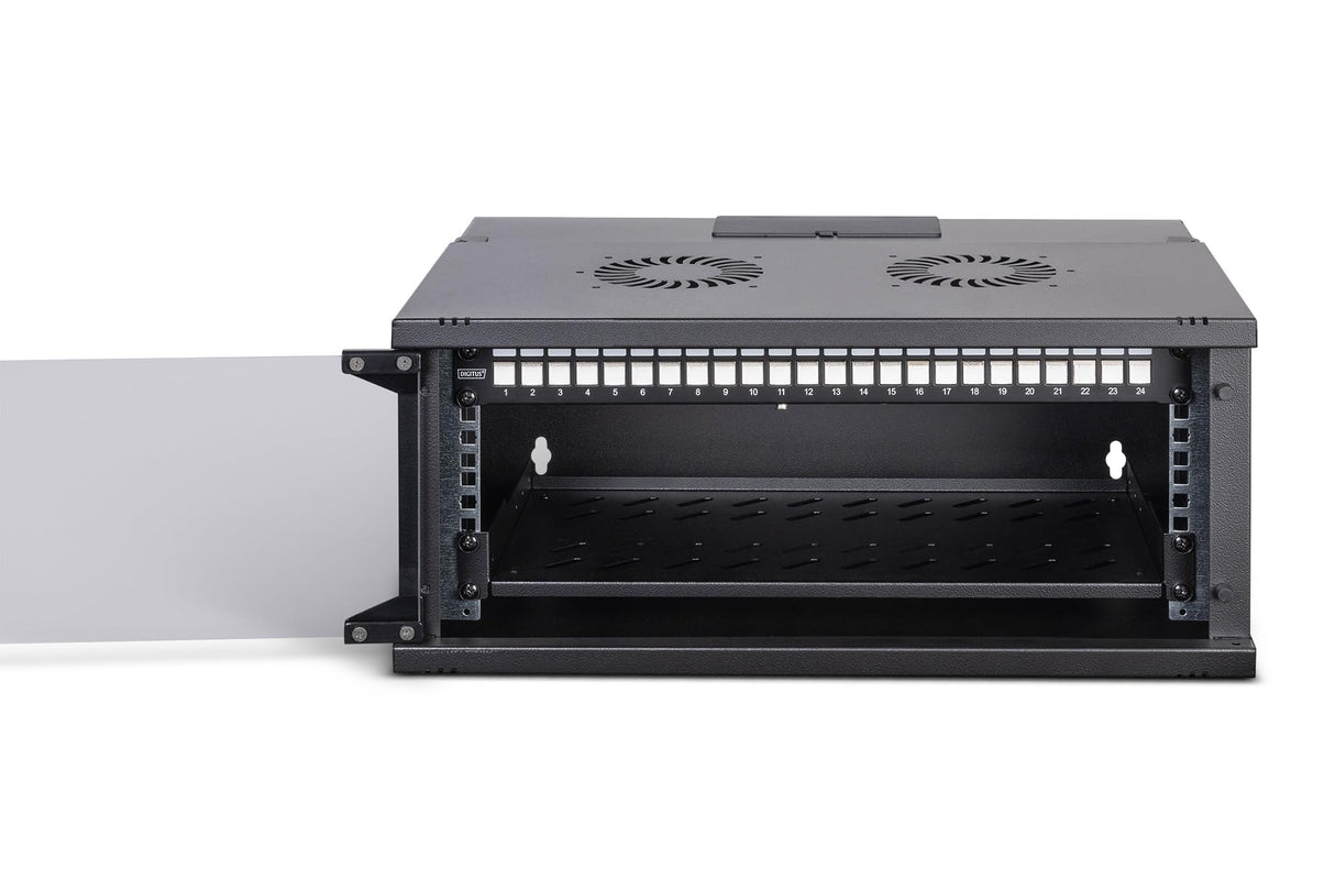 DIGITUS Set de Red de 19 pulg – Armario Mural 4U – Estante 1U – Panel de conexión de 24 Puertos – 24 módulos Keystone – 30 Cables de Red Cat 6A – No montado – Soho Pro – Negro
