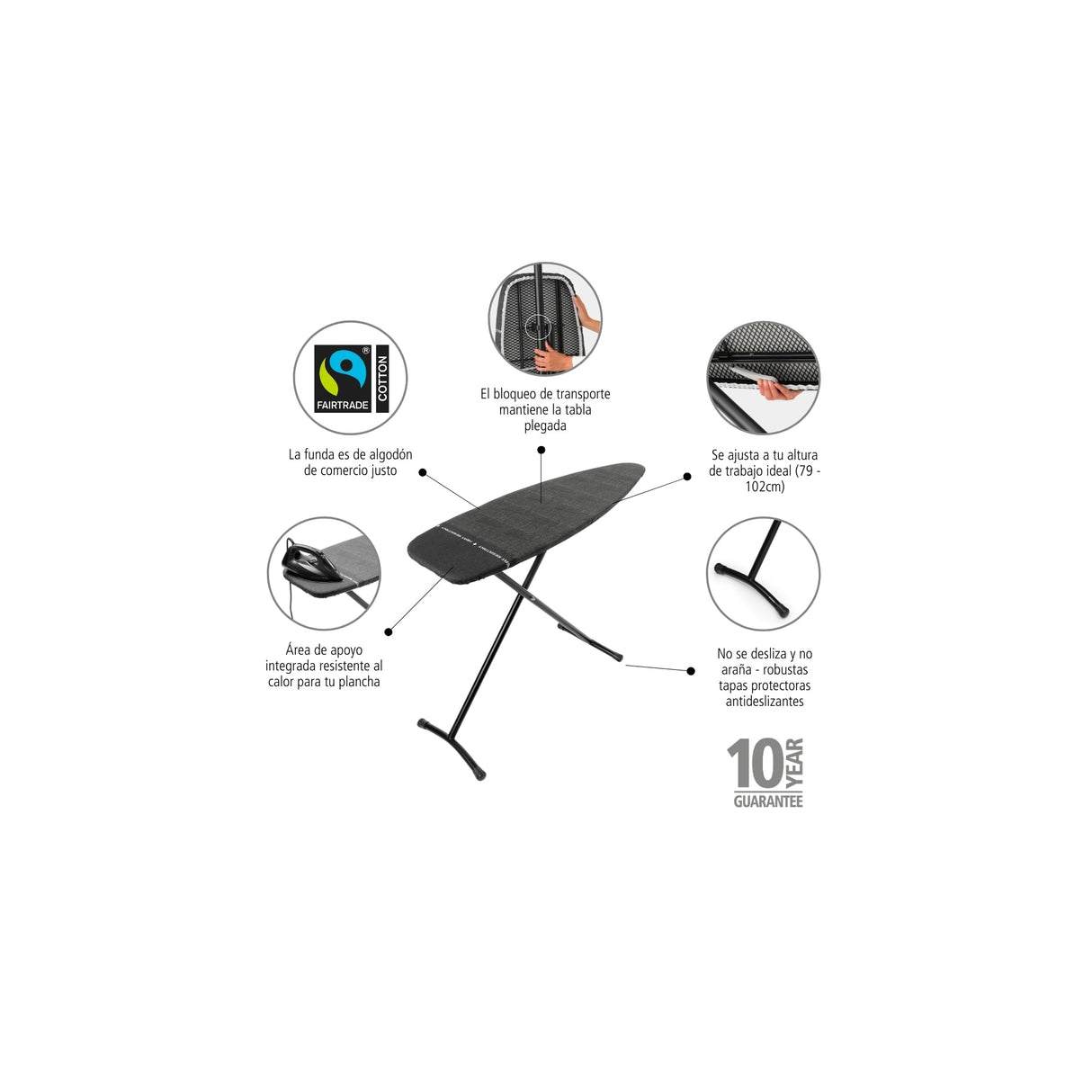 Tabla de Planchar Brabantia D, 135x45cm - Denim Black| 100% algodón Comercio Justo | Tam. XL, Amplia superf. | Zona Resistente al Calor para generadores Vapor | Tabla Planchar Plegable y Uso Sentado