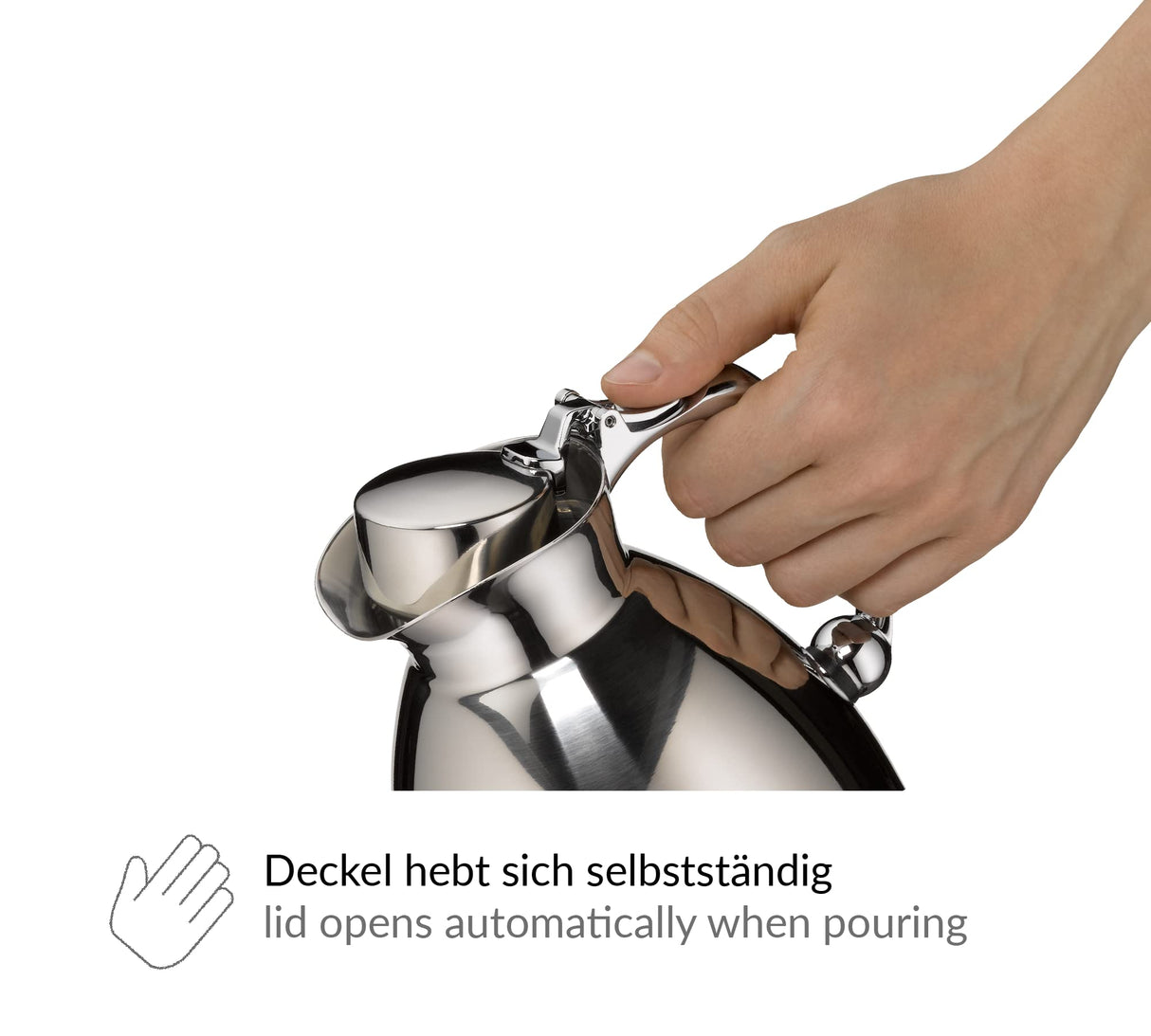 alfi HOTELLO 1,5 l, Jarra isotérmica de Doble Pared de Acero Inoxidable, Mantiene el Calor 4 Horas, Mantiene el frío 6 Horas, Tapa Suelta, vertido con una Mano, sin plástico, lavavajillas, hostelería