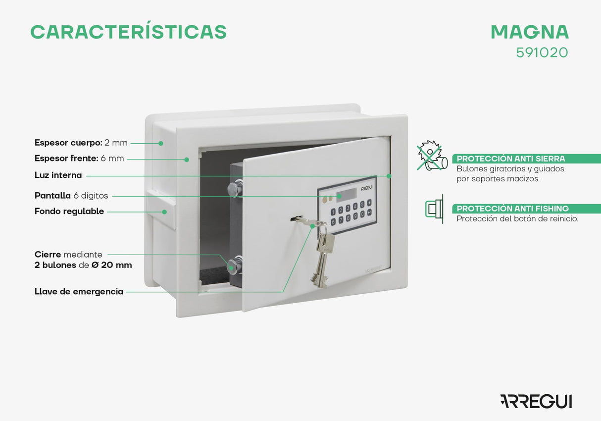 ARREGUI Magna 591020 Caja Fuerte Empotrable con Código y Llave | Caja de Doble Seguridad con Fondo Extensible para Dinero | Caja Fuerte de Pared Electrónica para Hogar u Oficina |26x36x15-25cm |14-23L