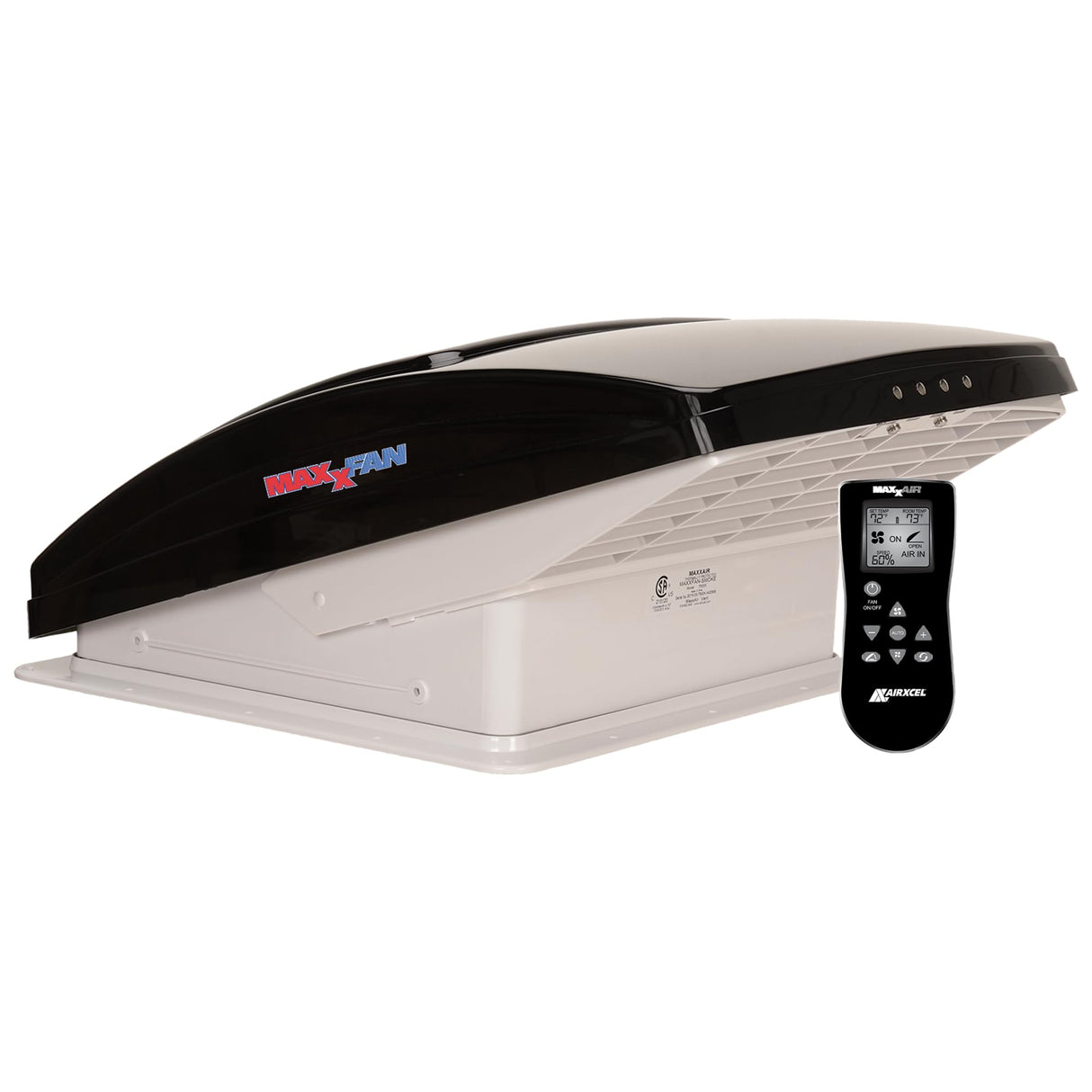 MAXXAIR Maxxfan Deluxe - Ventilador y cubierta de ventilación, todo en uno, potente ventilador reversible de 10 velocidades con termostato, cubierta de lluvia integrada, control remoto, ventilador de