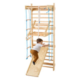 VEVOR-8 en 1 Kit de Escalada Niveles Pared, Tobogán, Barra de Dominadas, Anillas de Gimnasio, Columpio y Escalera de Cuerda, Color Madera (15 Levels Solid Wood Indoor Jungle Gym)