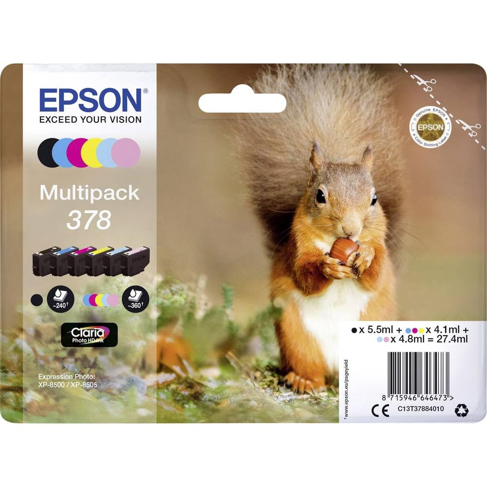 Epson 378 Squirrel Genuine Multipack, cartuchos de tinta de 6 colores, tinta Claria Photo HD, Normal