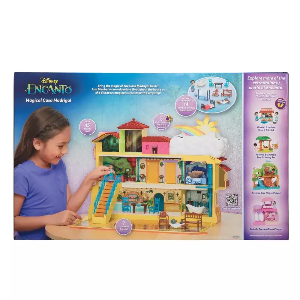 Encanto Disney – Casa de Muñecas Familia Madrigal con Mecanismo Interactivos – Este Pack Incluye 15 Accesorios, Luces y Música de la Película de Encanto - Juguete para Niñas 3 años +