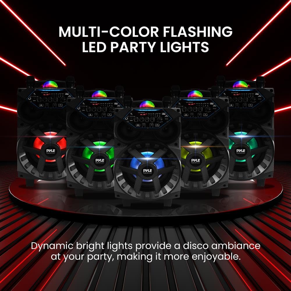 Pyle 580W Portable Bluetooth PA Speaker – 8” Rechargeable Wireless Karaoke System with TWS, LED Display, Disco Lights, FM/USB/SD/AUX Inputs, 6.5mm Mic, Wheels and Trolley, Wireless Mic and Remote
