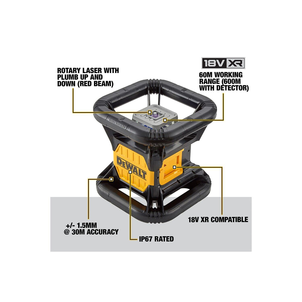 DEWALT DCE074D1R-QW - Láser Rotativo ROJO con batería 18V 2.0Ah. Alcance 45/457m. Incluye detector, cargador batería, soporte, gafas, tarjeta magnética y caja TSTAK