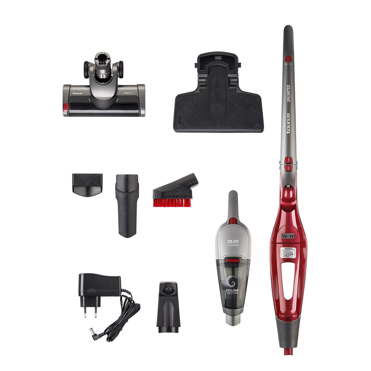 Taurus Unlimited Plegable|Ligero 29 Lithium - 2 en 1: escoba y aspirador de mano, baterías de litio de 29 V, base de carga, velocidad Eco y Turbo, indicador LED, depósito extraíble de 0,7L, Gris