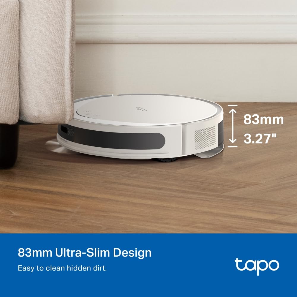 Tapo RV20 MAX Plus Robot Aspirador, Blanco, con 5300Pa de succión, Base de autovaciado, navegación láser LiDAR, mapeo Inteligente, Limpieza 4 en 1, Control por Voz y App, Solo 83 mm de Alto